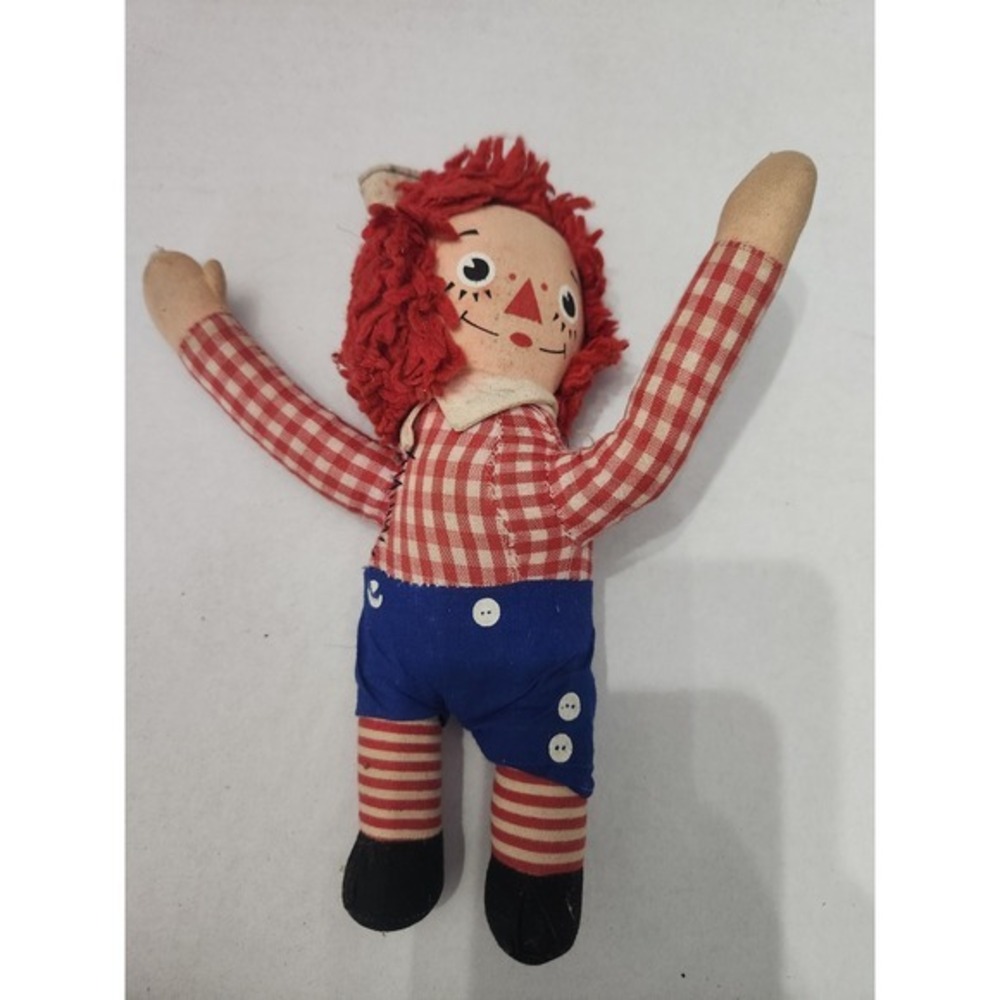 Vintage Knickerbocker Raggedy Andy Doll Red Hair Plaid Shirt‎ Blue Pants EUC